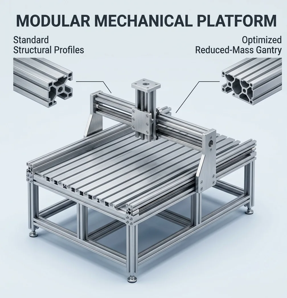 Mechanischer CNC-Router als Konzeptbild mit festem Arbeitstisch und fahrendem Portal.