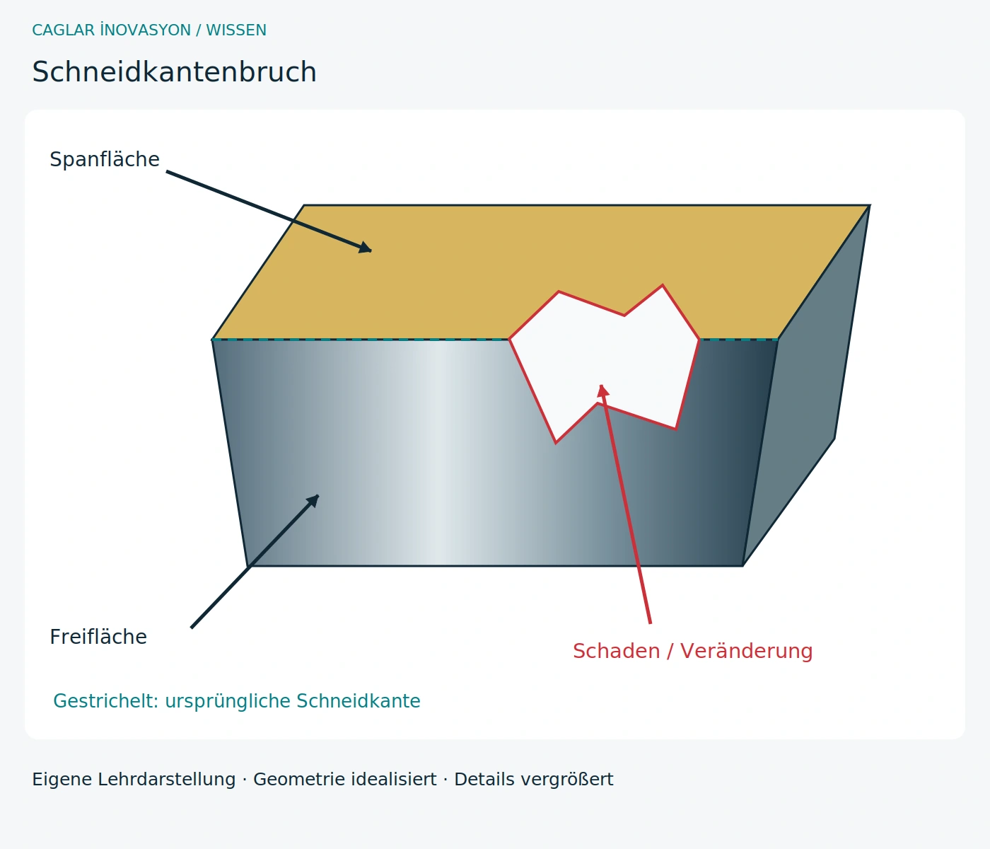 Schneidkantenbruch · Eigene technische Schnittdarstellung; Details und Schäden zur Erklärung vergrößert.