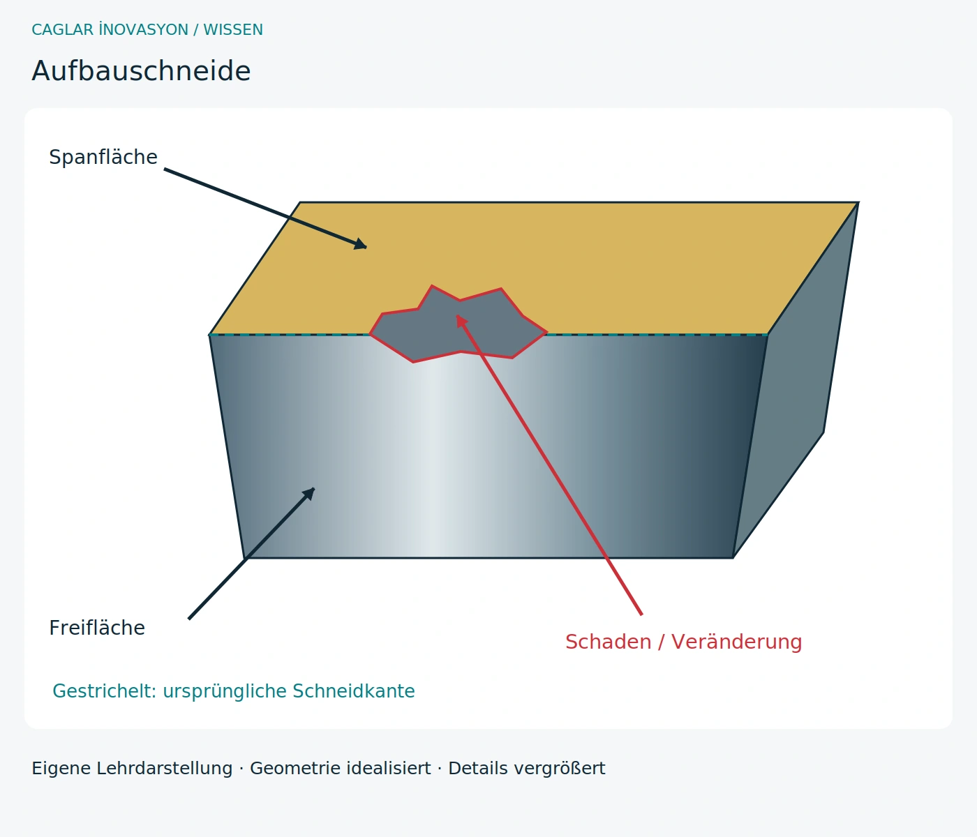 Aufbauschneide · Eigene technische Schnittdarstellung; Details und Schäden zur Erklärung vergrößert.